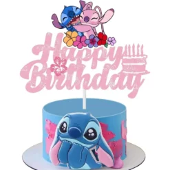Topper Tort Stitch Si Angel Roz Glitter Happy Birthday Cu Flori Colorate Pe Tort Albastru