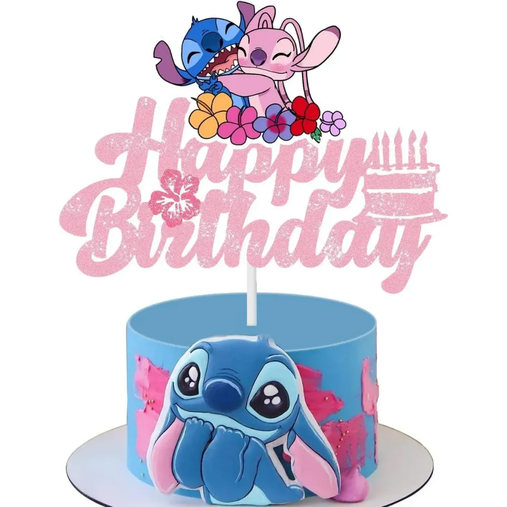 Topper Tort Stitch Si Angel Roz Glitter Happy Birthday Cu Flori Colorate Pe Tort Albastru