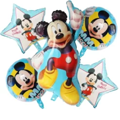 Set 5 baloane folie cu Mickey Mouse figurina mare stele happy birthday si baloane rotunde