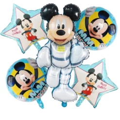 Set 5 baloane folie cu Mickey Mouse Astronaut costum spatial alb stele si baloane rotunde