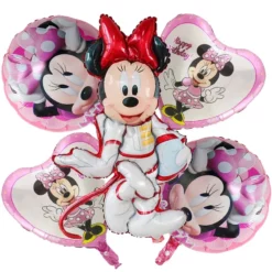 set baloane minnie mouse astronaut cu figurina mare de 80 cm si inimi roz happy birthday