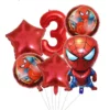 Set 6 baloane aniversare 3 ani cu Spiderman cifra 3 rosu si stele metalizate