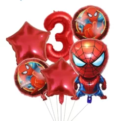 Set 6 baloane aniversare 3 ani cu Spiderman cifra 3 rosu si stele metalizate