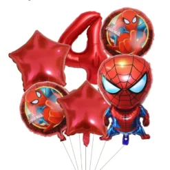 Set 6 baloane aniversare 4 ani cu Spiderman cifra 4 rosu si stele metalizate