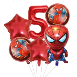 Set 6 baloane aniversare 5 ani cu Spiderman cifra 5 rosu si stele