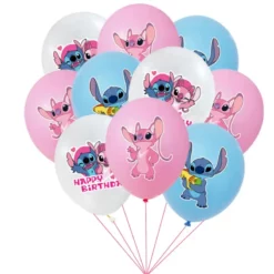 Set 10 baloane din latex mix culori cu Stitch Angel si mesaj Happy Birthday
